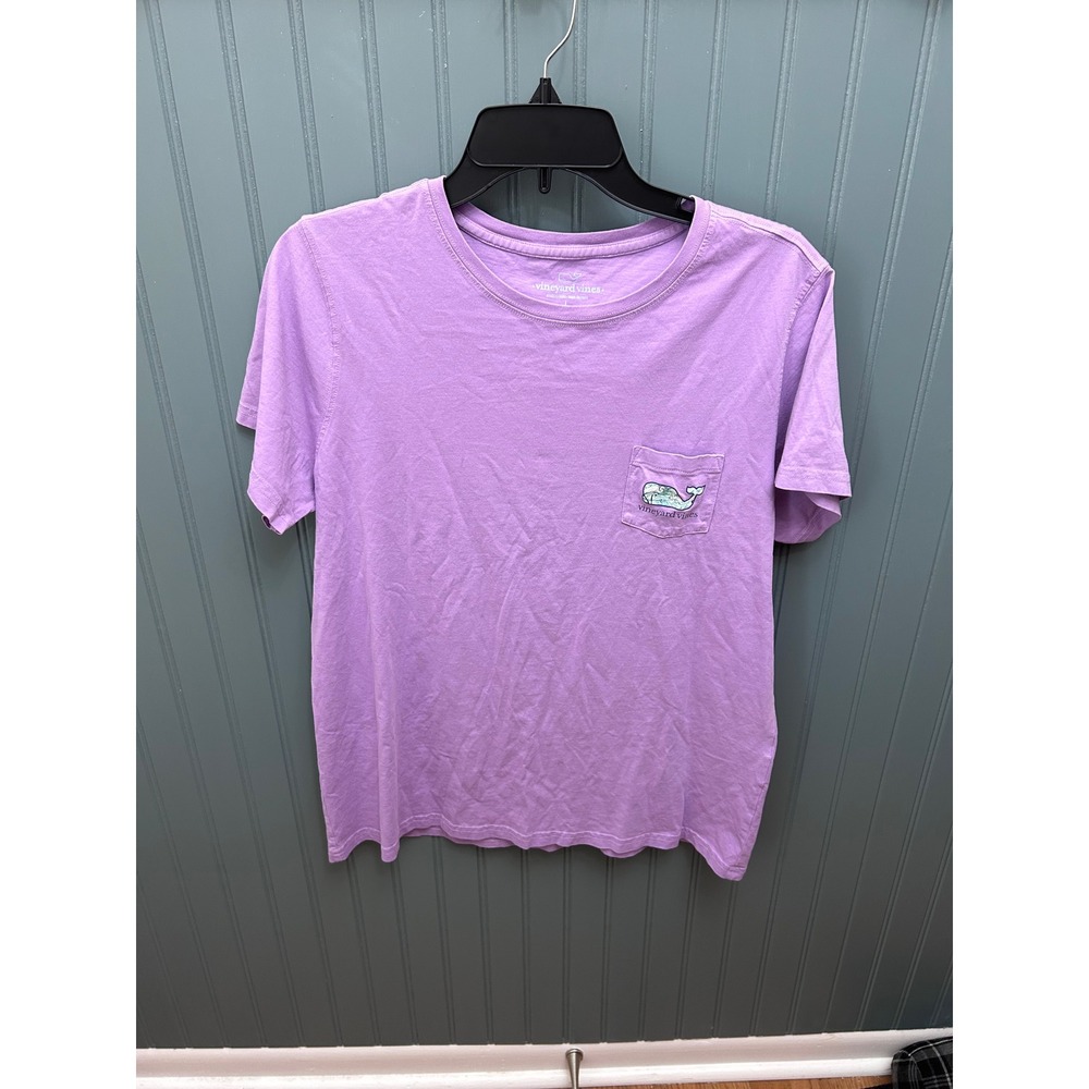 Vineyard Vines Womens Purple Flamingo Whale Logo Pocket T-Shirt Size L Short Slv